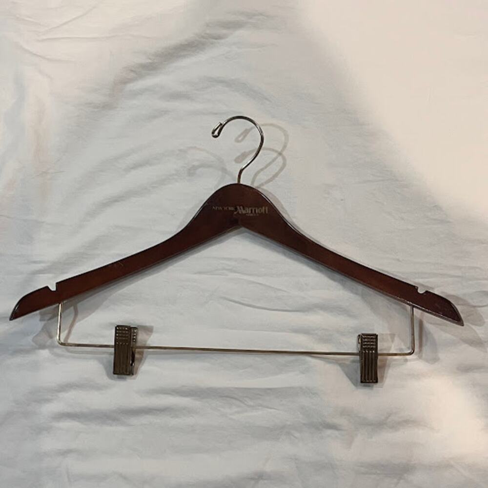 One Vintage New York Marriott Marquis Hotel Suit 17" Wood Hanger w Clips